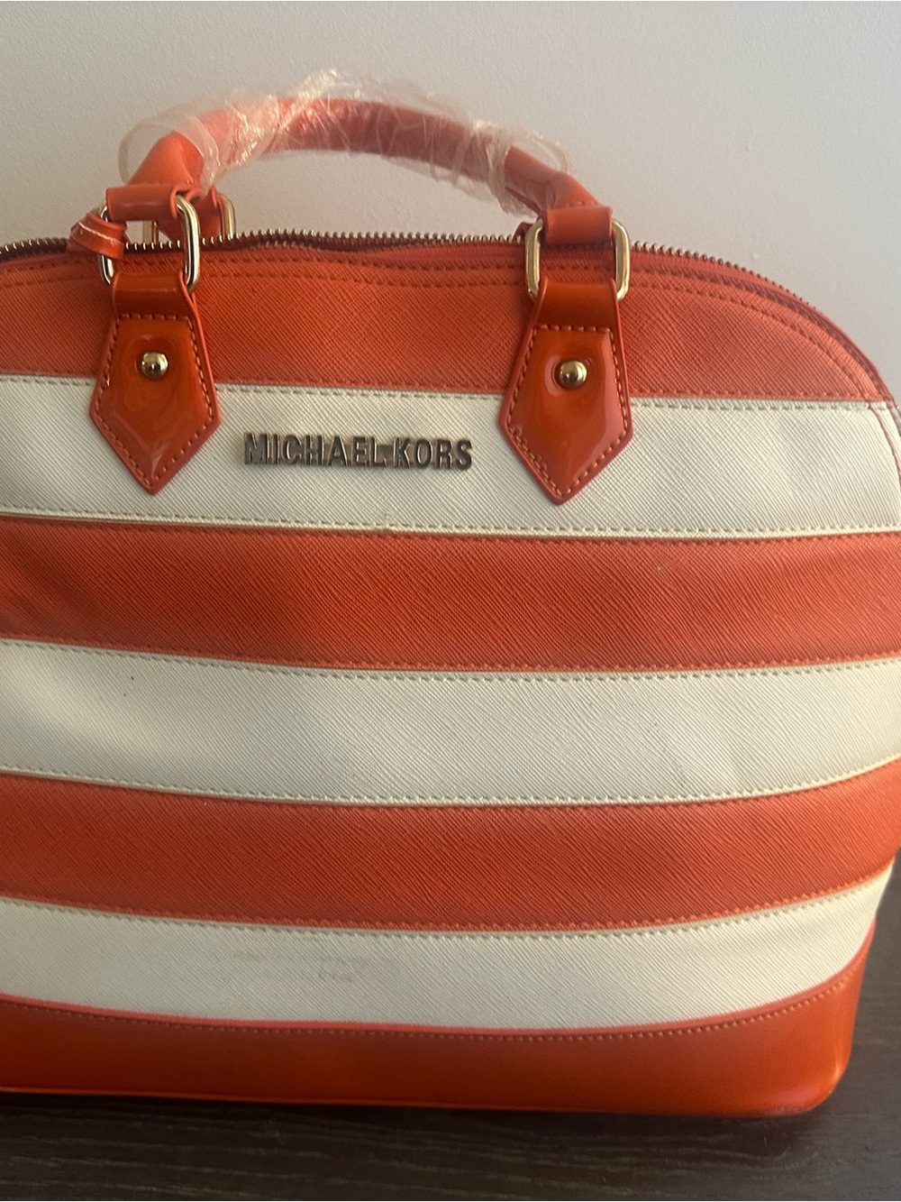 Michael Kors Orange and White Striped Dome Satchel with Gold Hardware